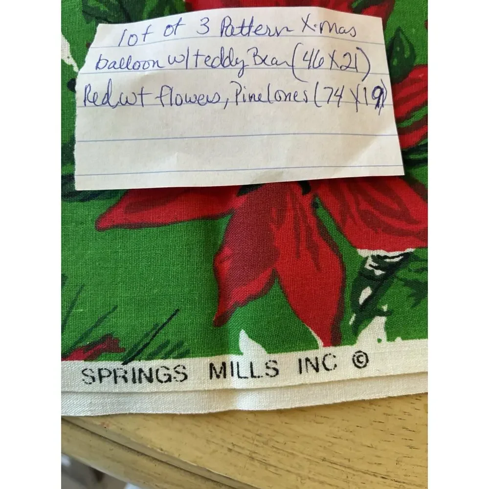 VTG Christmas Fabric Lot Springs Mills Peter Pan Poinsettia Teddy Bear 6 Yds